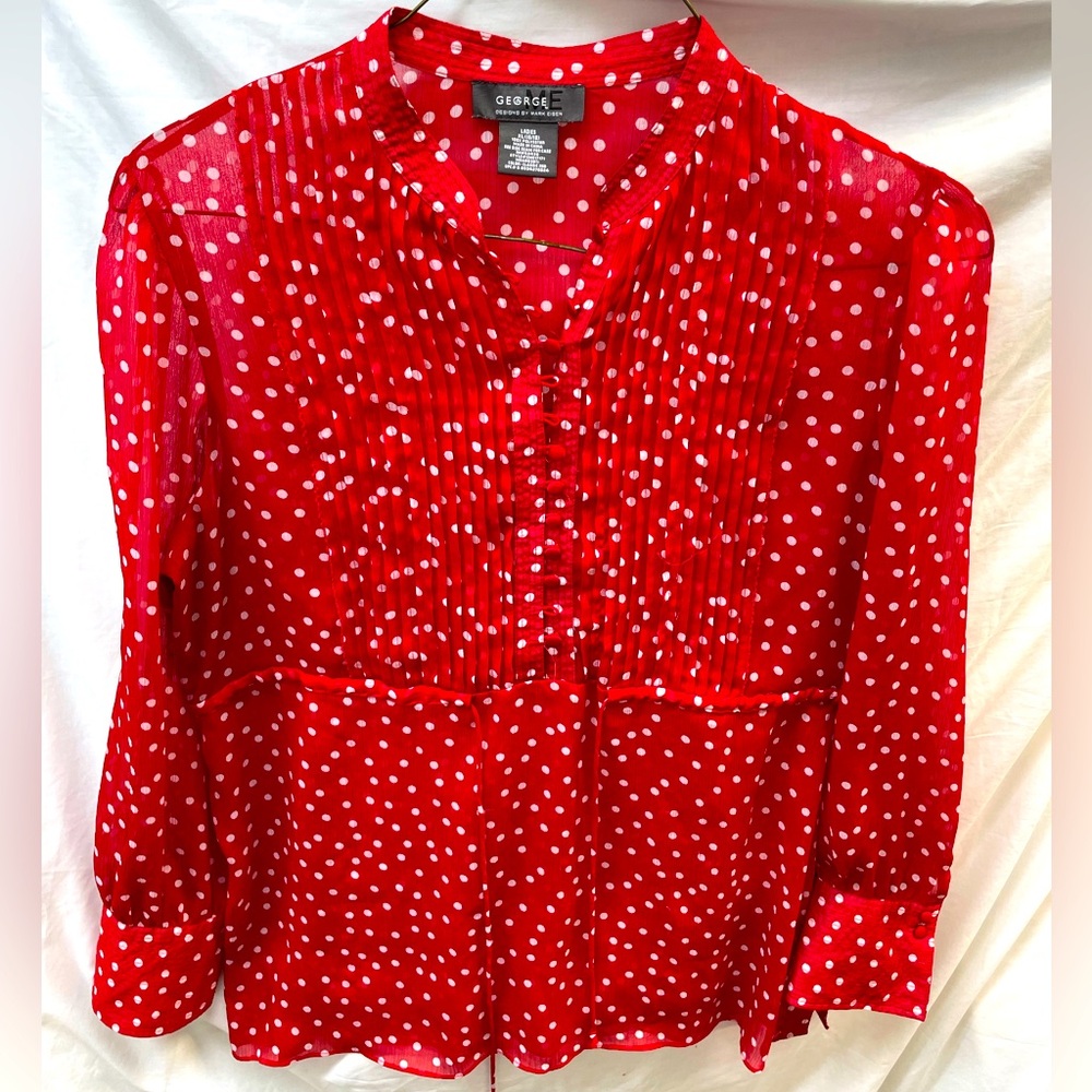 George Red and White Polka Dot sheer Blouse ladies sz 16/18